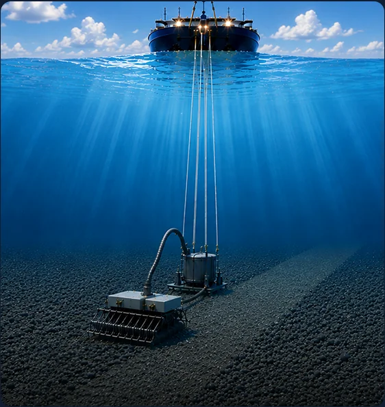 Illustration of a surface vessel with a riser to a seafloor nodule collector