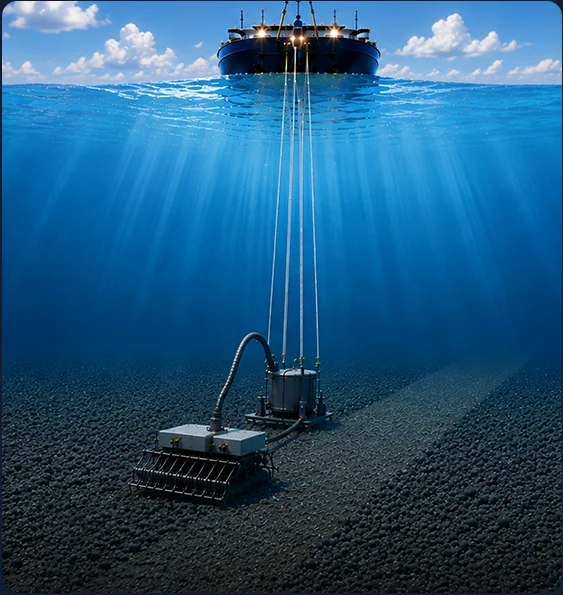 Illustration of a surface vessel with a riser to a seafloor nodule collector