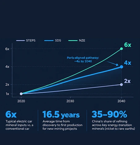 Chart: overall mineral demand for clean energy technologies rises 2x to 6x by 2040 across IEA scenarios