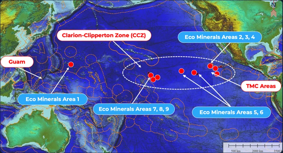 Map of the Pacific showing Eco Minerals Areas 1 through 9, the Clarion-Clipperton Zone, TMC areas and Guam
