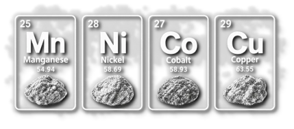 Periodic-table tiles for manganese (Mn), nickel (Ni), cobalt (Co) and copper (Cu), each with a nodule sample